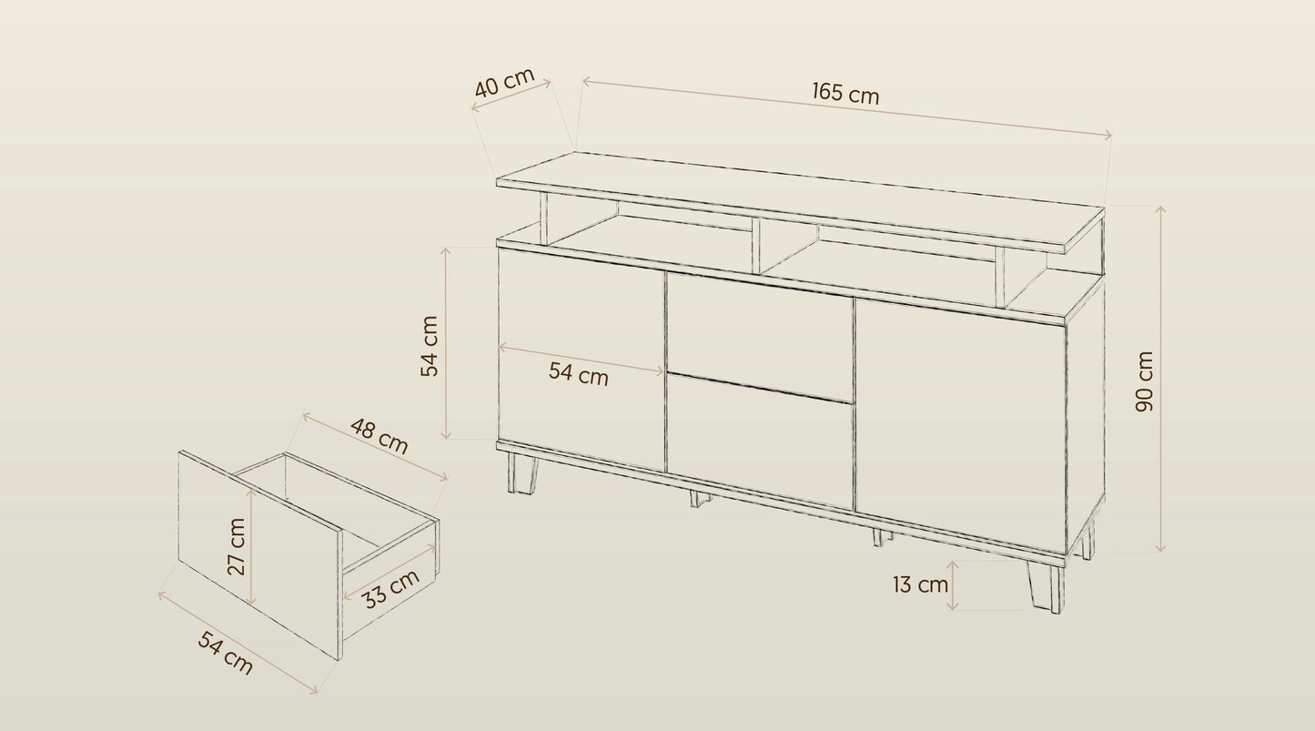 Komoda tapcierowana z szufladami i półkami - schemat Komoda z szufladami i półkami 165 cm
