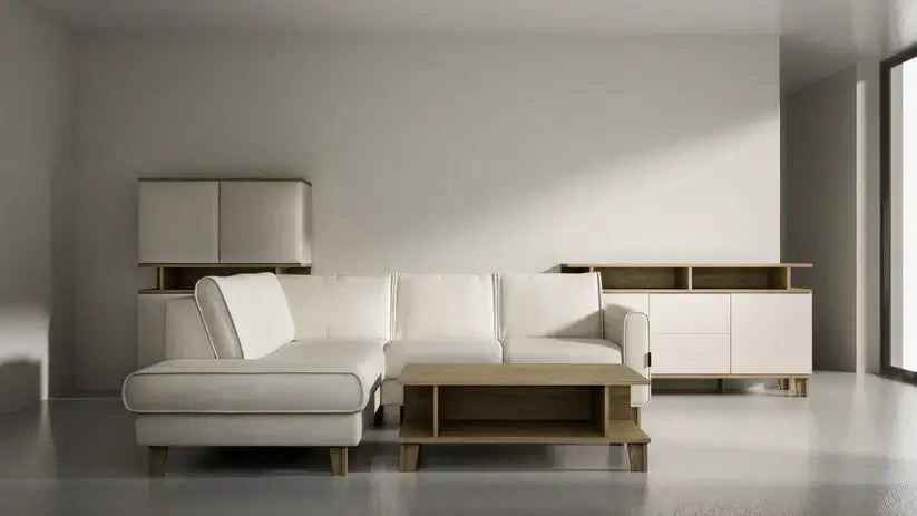 Zestaw mebli do salonu ze stołem – eleganckie rozwiązania Beluro