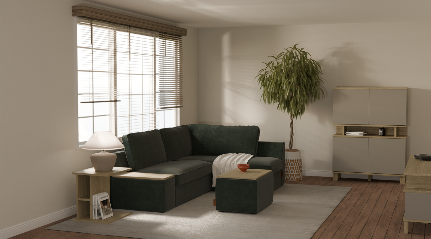 narożnik bez nóżek, narożnik prawy, pufa z odwracanym blatem, stolik kawowy tapicerowany, wysoka komoda, stolik pomocniczy boczny, aranżacja salonu