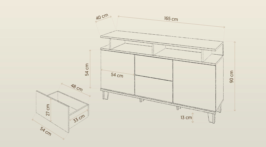 Komoda tapcierowana z szufladami i półkami - schemat Komoda z szufladami i półkami 165 cm